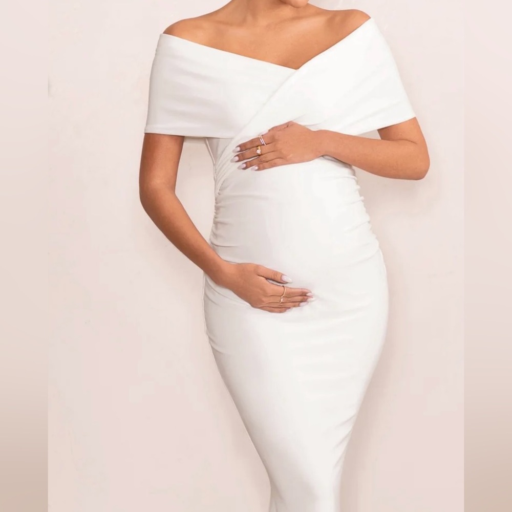 WHITE BARDOT WRAP NECKLINE MATERNITY MAXI DRESS